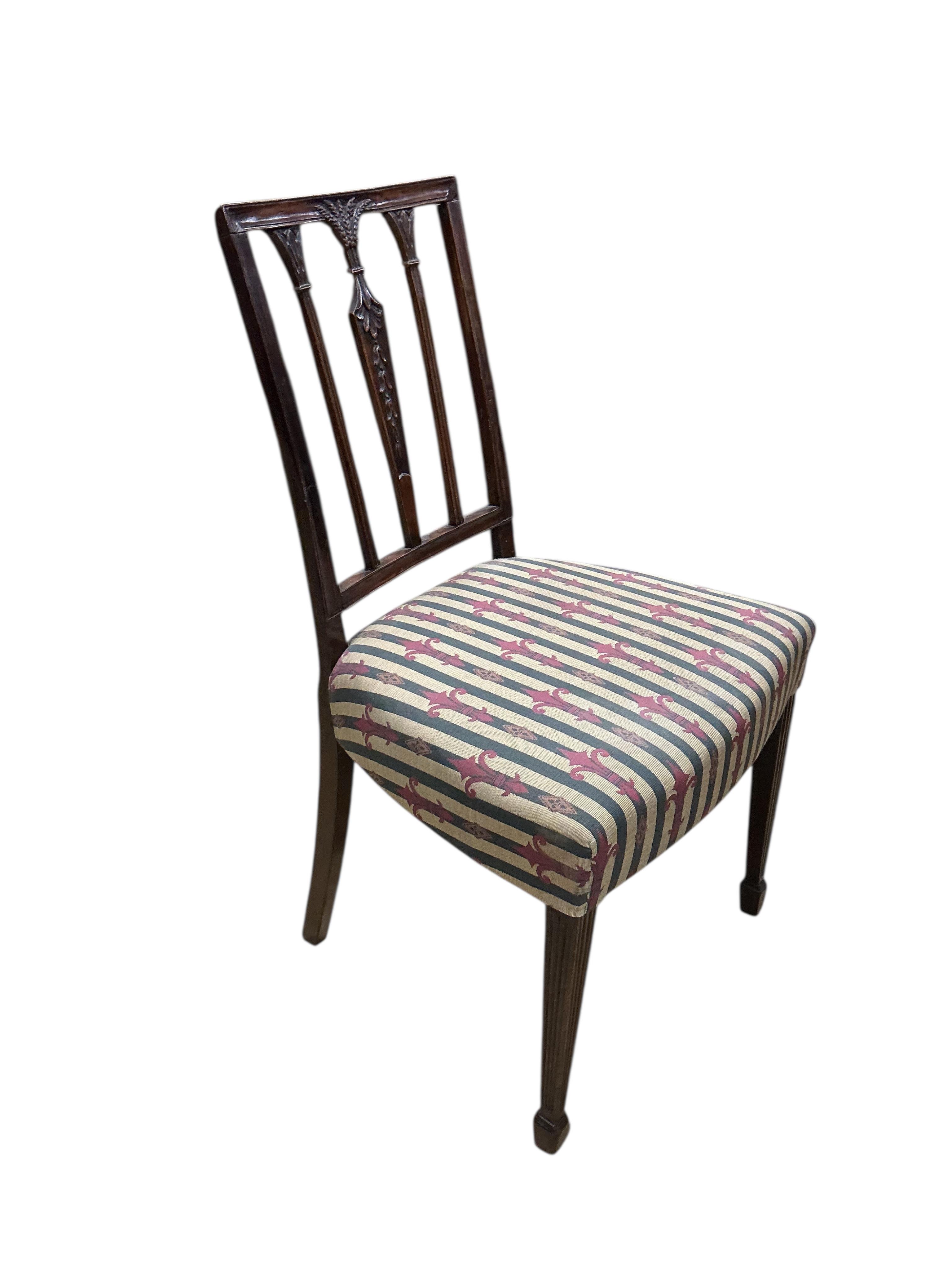 A set of six George III Sheraton style mahogany dining chairs, width 49cm, depth 42cm, height 89cm